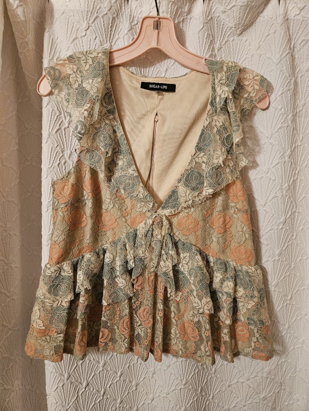 Sugarlips Lace Peplum Tank in Sage & Peach Floral